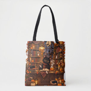 Bolsa Tote Livraria de Gatos Pretos Aconchegantes Halloween