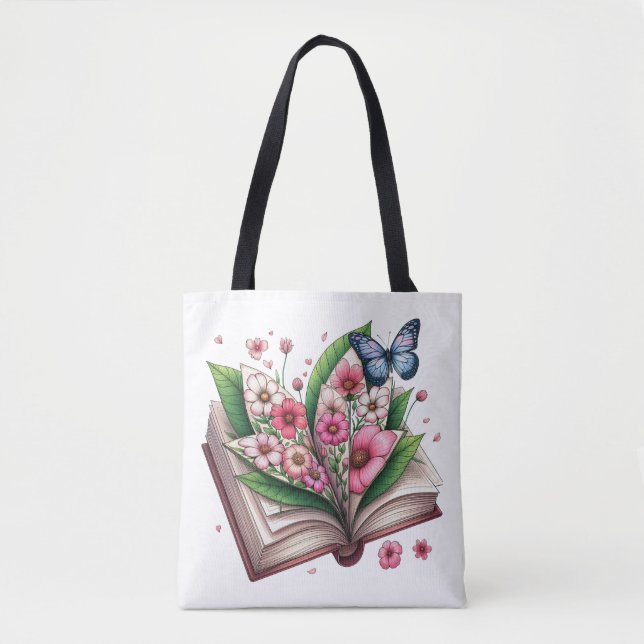 Bolsa Tote Livro Aberto com Flor Rosa e Borboleta (Frente)