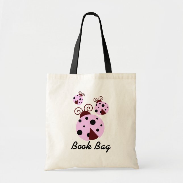 Bolsa Tote Livro Bag.pink de três joaninhas e insetos pretos (Frente)