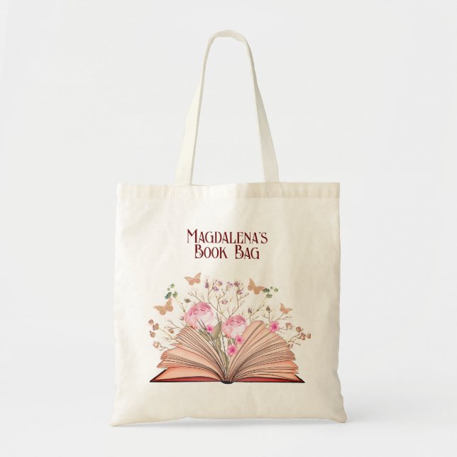 Bolsa Tote Livro da Biblioteca de Borboletas Florais Whimsic (Frente)