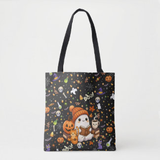 Bolsa Tote Livro de Leitura do Fantasma do Halloween Abóbora