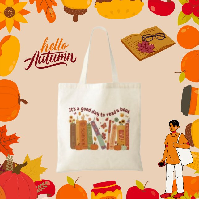 Bolsa Tote Livro de livros Amantes, OrangePumpkin e Folhas de (Bookish book Lovers Tote Bag, Tote Bag Natural color, cute orange pumpkin, fall/autumn, Its A Good D)