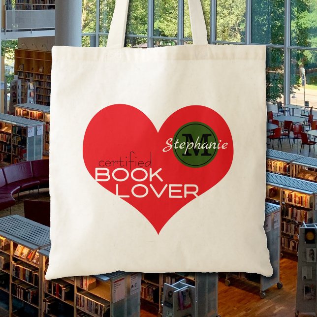 Bolsa Tote Livro lança monograma do nome do leitor cardíaco (Eye-catching book bag for the book lover in your life.  Budget friendly bag.)