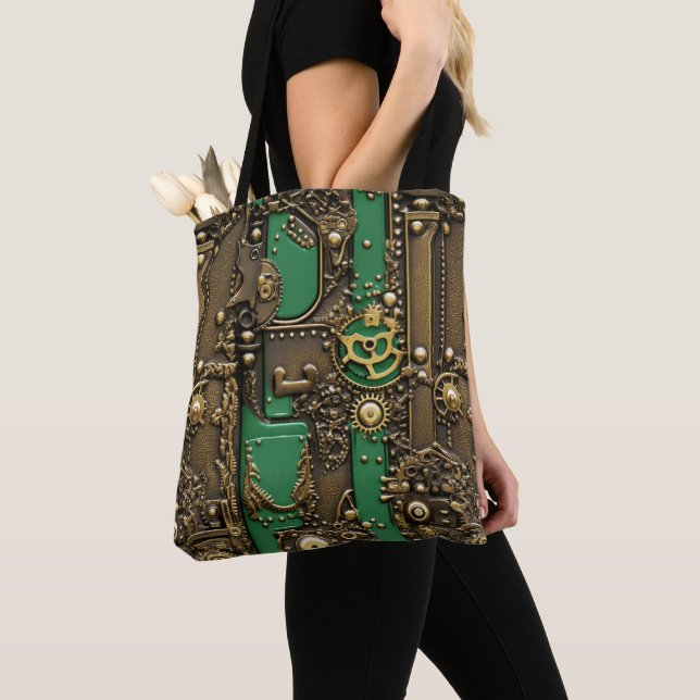 Bolsa Tote Livro Steampunk Verde Industrial (Close Up)