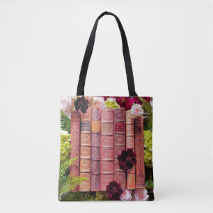 Bolsa Tote Livros Antigos e Flores de Borgonha
