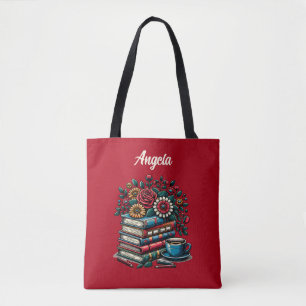 Bolsa Tote Livros Antigos Personalizados, Café e Flores