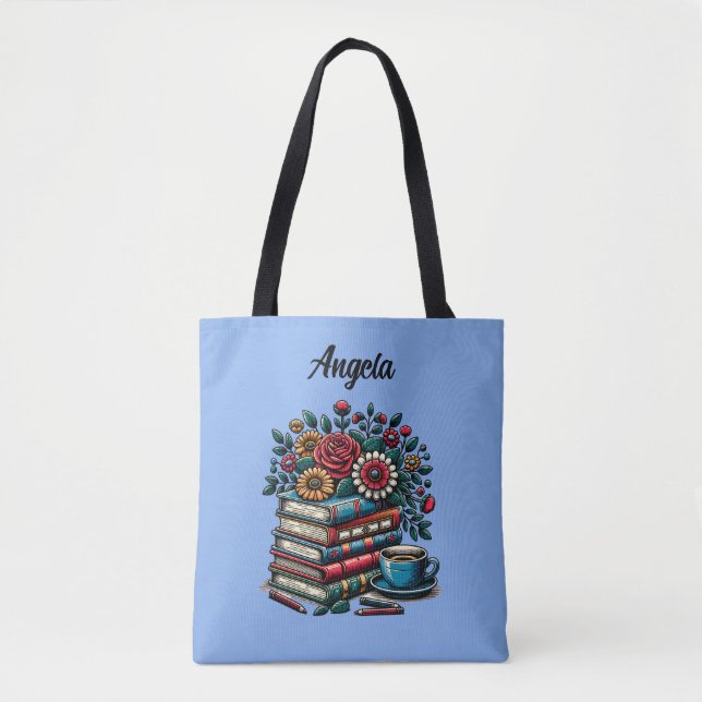 Bolsa Tote Livros, Café e Flores Personalizados (Frente)