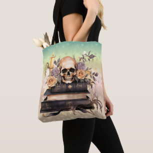 Bolsa Tote Livros de Caveira Rosas Douradas e Cinzas Hallowee