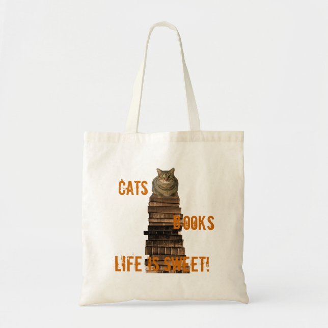 Bolsa Tote Livros de gatos a vida é doce - laranja/marrom (Frente)