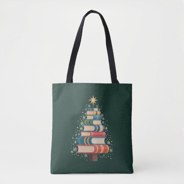Bolsa Tote Livros de Natal para Professores Árvore de Natal L (Frente)