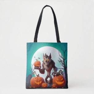 Bolsa Tote Lobisomem e abóboras de Halloween