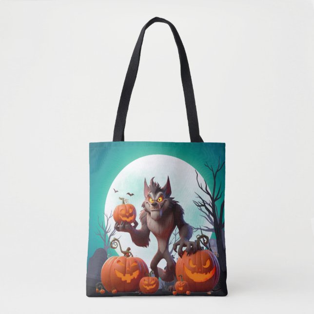 Bolsa Tote Lobisomem e abóboras de Halloween (Frente)
