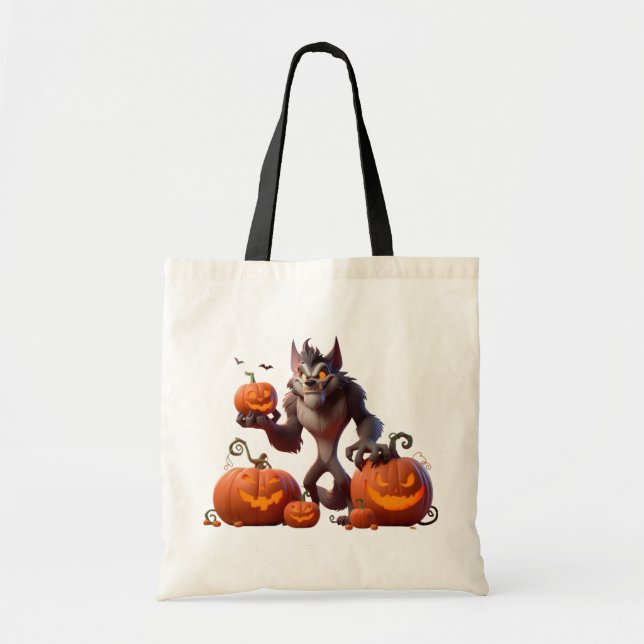 Bolsa Tote Lobisomem e abóboras do Halloween (Frente)