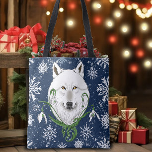 Bolsa Tote Lobo Ártico Branco Místico Flor-de-Neve Azul de In