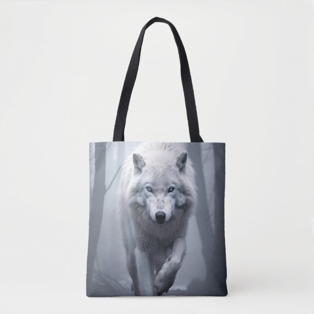 Bolsa Tote Lobo Branco na Floresta Foggy (Frente)