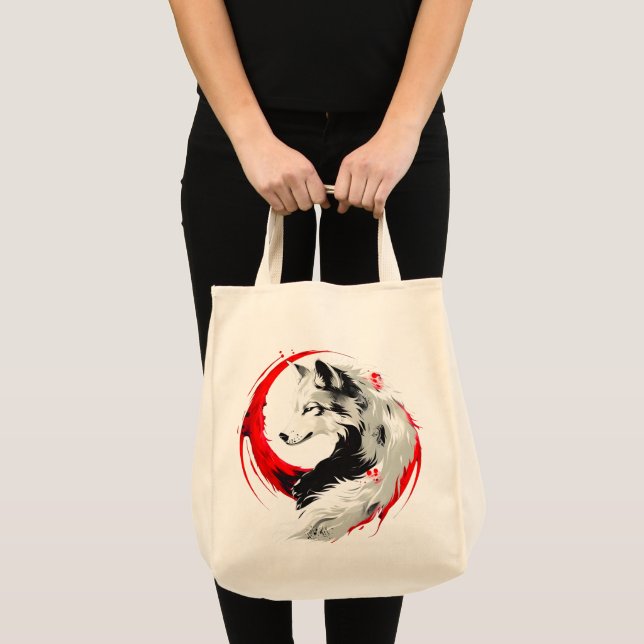 Bolsa Tote Lobo Branco Vermelho Lunar (Frente (produto))