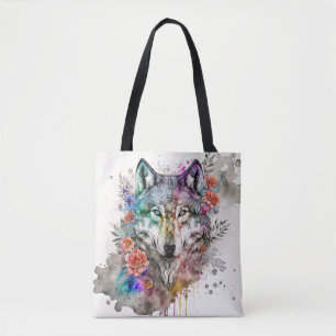 Bolsa Tote Lobo Colorido e Florais Aquarela na Natureza