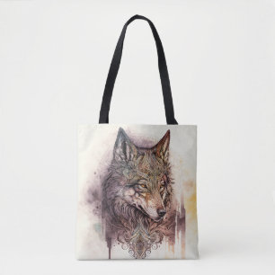 Bolsa Tote Lobo Colorido e Florais Aquarela na Natureza