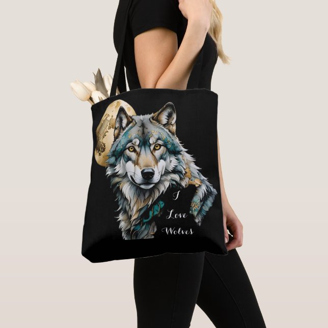 Bolsa Tote Lobo e Lua Dourada (Close Up)