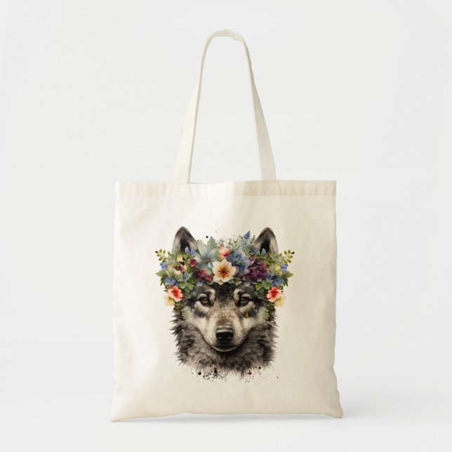 Bolsa Tote Lobo Floral de Watercolor (Frente)