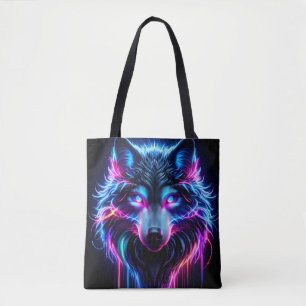 Bolsa Tote Lobo Neon Olhos Brilhantes Animal Futurista Cyberp