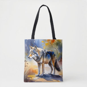 Bolsa Tote Lobo numa pintura de aquarela florestal