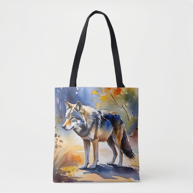 Bolsa Tote Lobo numa pintura de aquarela florestal (Frente)