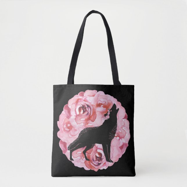 Bolsa Tote Lobo preto com a sacola cor-de-rosa dos rosas (Frente)