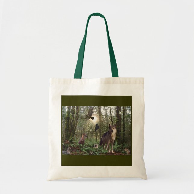 Bolsa Tote Lobo, Raposa, Hawk, Animais Florestais, Arte Selva (Frente)