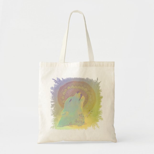 Bolsa Tote Lobo Uivando e Moldura de Plantas Mandala (Frente)