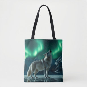 Bolsa Tote Lobo Uivando Sob a Aurora Boreal