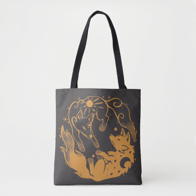 Bolsa Tote Lobos Dourados do Sol e da Lua (Frente)