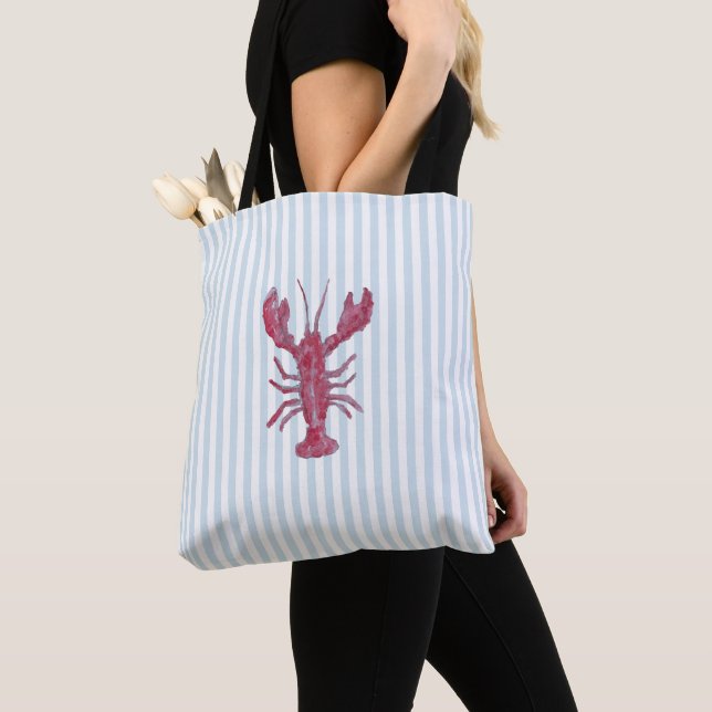 Bolsa Tote Lobster Painting Nautical Blue Stripe Coastal (Close Up)