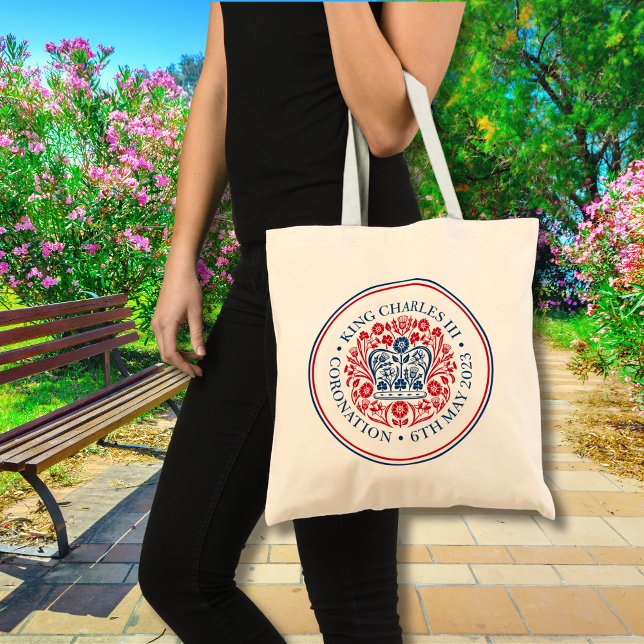 Bolsa Tote Logotipo azul vermelho da coroação real King Charl (Other items available with this design)