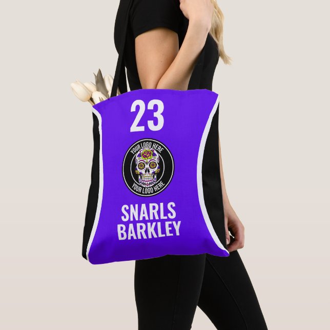 Bolsa Tote Logotipo de Roller Derby Roxo Preto Nome da Equipe (Close Up)