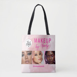Bolsa Tote Logotipo de Roteiro Rosa 3 Foto Maquiagem Aquarela