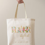 Bolsa Tote Logotipo do nome do salão de cabelos personalizado<br><div class="desc">Faca-estilista personalizada/cabeleireiro nome de cabeleireiro tote com o logotipo tipografia floral de folha rosa-pincel e folha de ouro falso com tesoura.</div>
