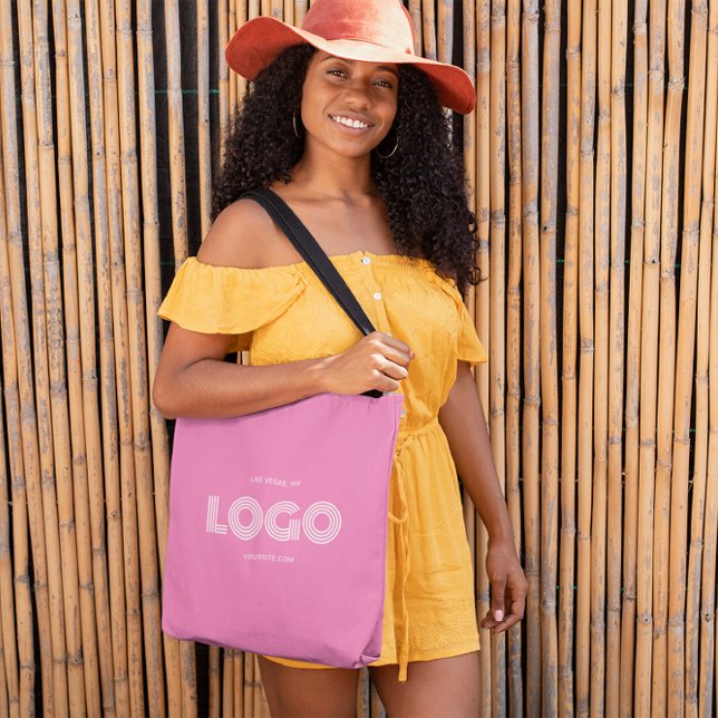 Bolsa Tote Logotipo Retangular Branca e Rosa Modernos (Modern Girly Pink and White Rectangular Logo Tote Bag)