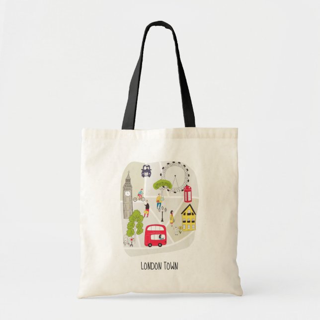 Bolsa Tote London Cartoon Map Pessoas Landmarks Contemporâneo (Frente)