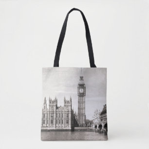 Bolsa Tote Londres antiga, preto e branco.