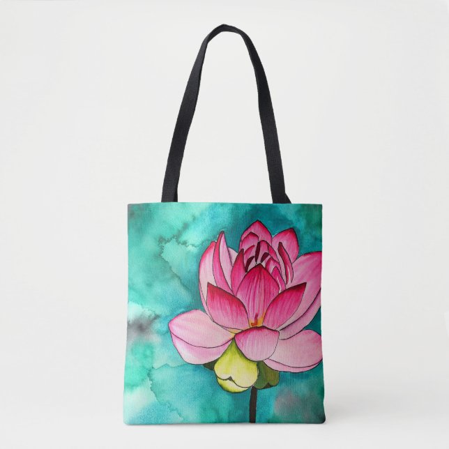 Bolsa Tote Lótus de flor rosa, cor de água doce (Frente)