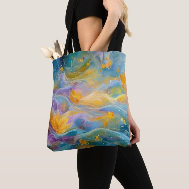 Bolsa Tote Lótus Dourado Abstrato Flores Flutuantes (Close Up)