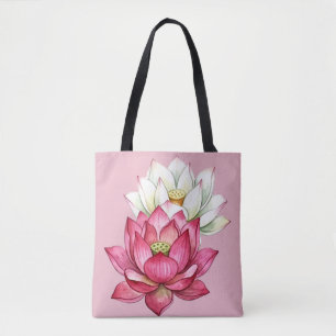 Bolsa Tote Lótus Flor de Rosa e Branco Aquarela