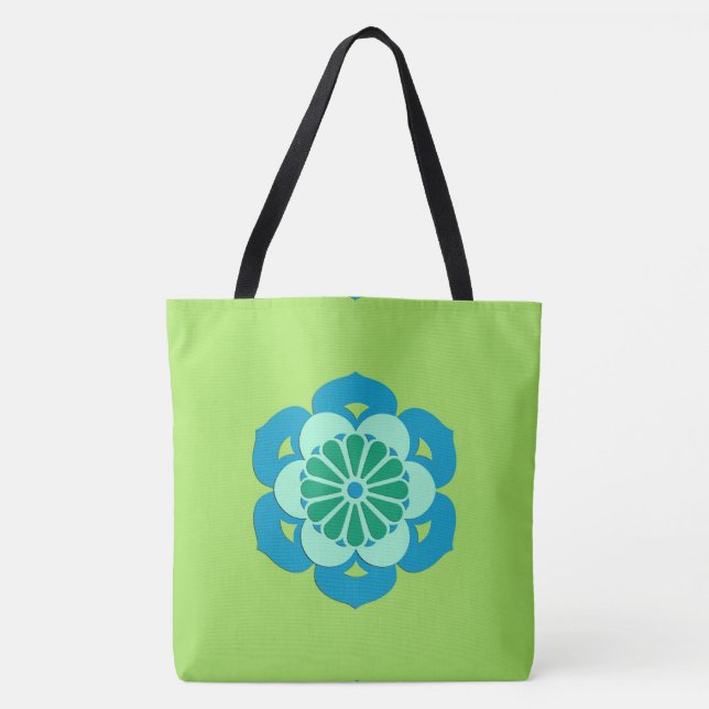 Bolsa Tote Lotus Flower Mandala, Verde limão e Azul Claro (Frente)