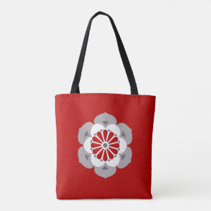 Bolsa Tote Lotus Flower Mandala, Vermelho Escuro, Cinzas e Br