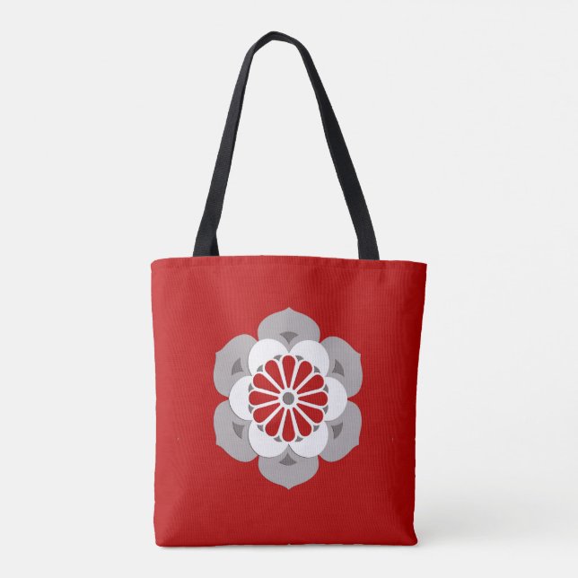 Bolsa Tote Lotus Flower Mandala, Vermelho Escuro, Cinzas e Br (Verso)