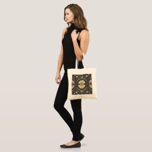 Bolsa Tote Lótus Mandala Art Déco Azul Marinho e Dourado Geom