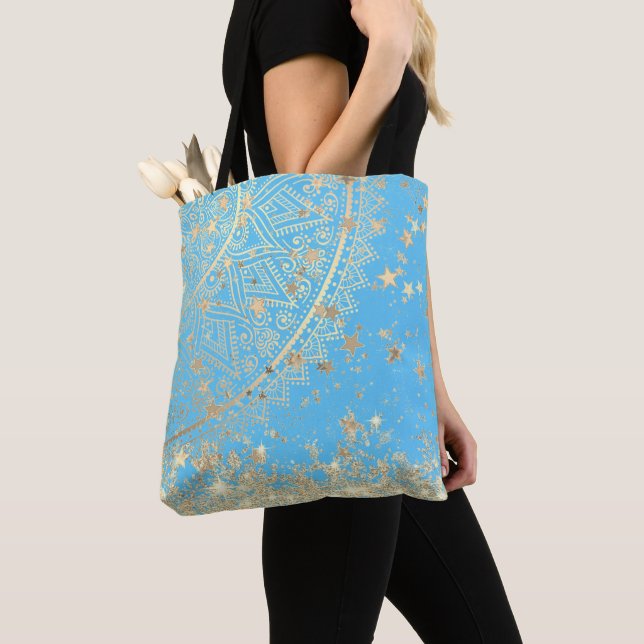 Bolsa Tote Lotus Mandala com Douradas estrelas sobre turquesa (Close Up)