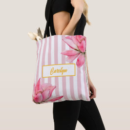 Bolsa Tote Lótus Rosa Floral Dourado Moderno Elegante para Da