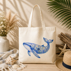Bolsa Tote Louça Tema Floral Baleia Azul